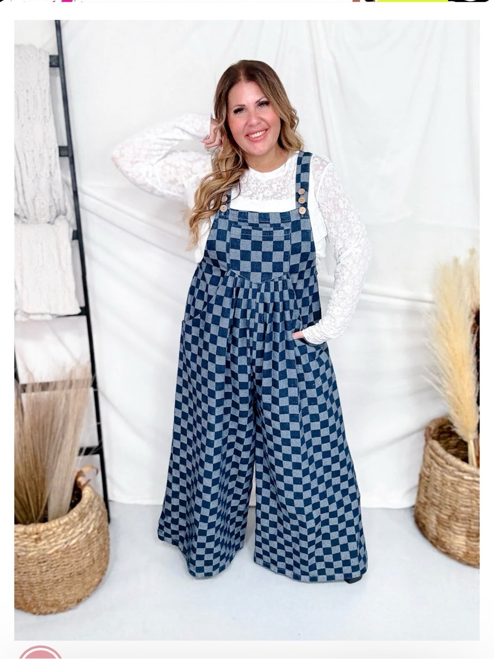 Checkerboard Wide-Leg Denim Overalls in Blue